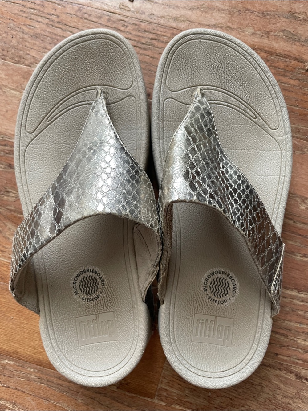 Fitflop Metallic Taupe Snake-Print Thong Sandals